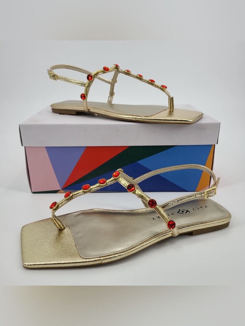Katy Perry Collections Gold Sandals with Red Gem Accents Size 10